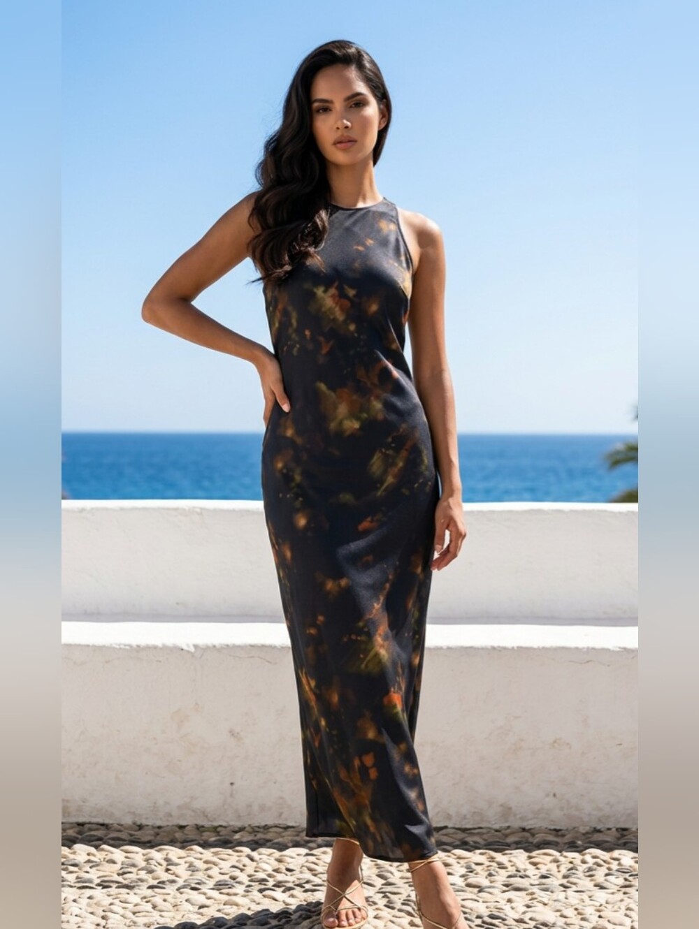Dillard's Black Satin Floral Print Midi Dress Size Medium.